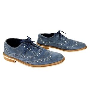 Giorgio Brutini Men sz 8 Blue Suede Wingtip Oxford Shoe Leather Perforated White